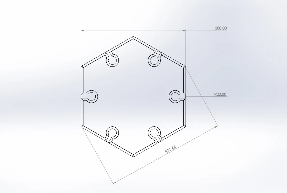 Engineering drawing showing hexagonal module dimensions — 500mm across, R20 connection points