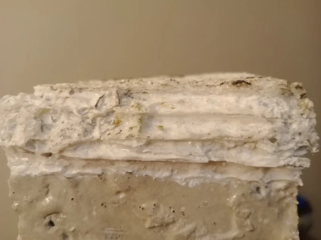 Cross-section of accreted composite showing distinct mineral layers