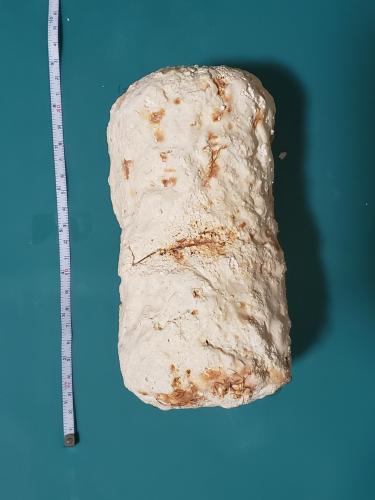 Grown mineral accretion sample with measurement tape